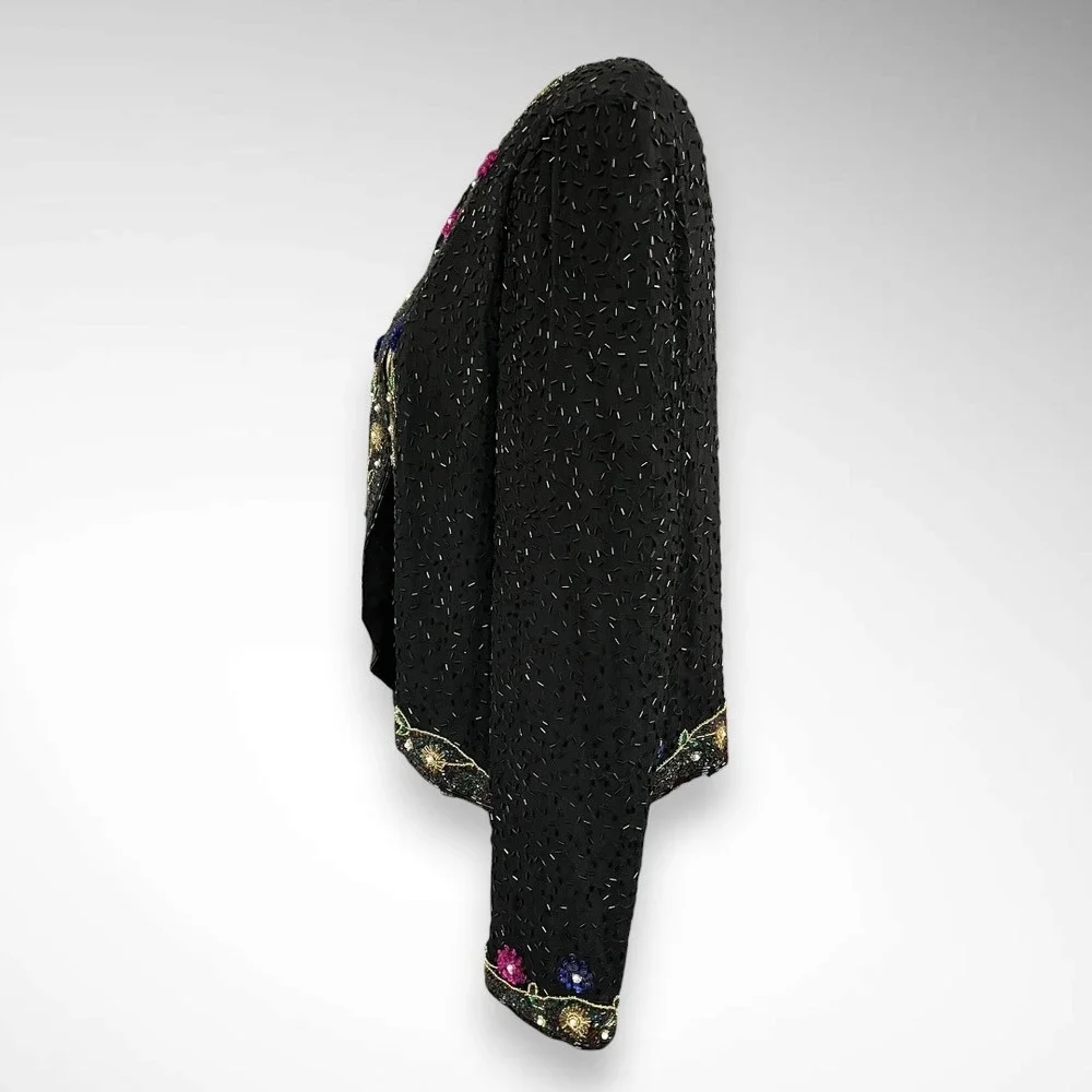 LESLIE FAY EVENINGS Vintage Beautiful Black Silk‎ Beaded Jacket Size 14 | EUC